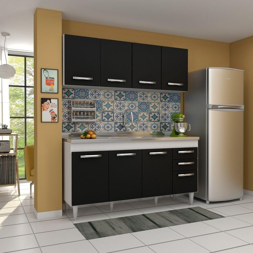 Armário Aéreo Panamá E Balcão Gabinete De Pia Áustria 160Cm Branco/Preto - Lumil Móveis - 4