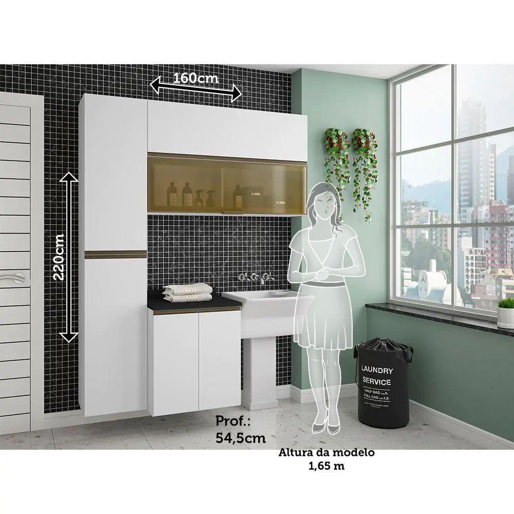 Armário De Lavanderia 3 Peças Com Tampo E Vidro Reflecta Pérola Móveis Branco Polar Com Preto Txt - 2