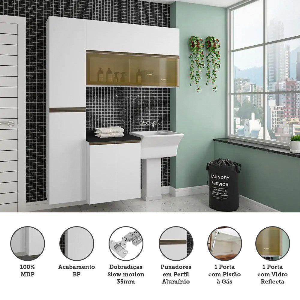 Armário De Lavanderia 3 Peças Com Tampo E Vidro Reflecta Pérola Móveis Branco Polar Com Preto Txt - 3