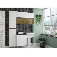 Armário De Lavanderia 3 Peças Com Tampo E Vidro Reflecta Pérola Móveis Branco Polar Com Preto Txt - 1