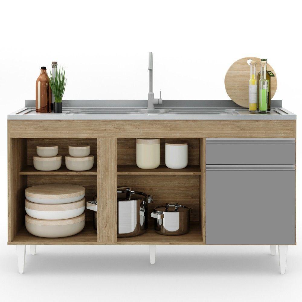 Balcão Gabinete Com Pia Inox 150cm 3 Portas 1 Gaveta Dakota Castanho/cinza - Lumil - 9