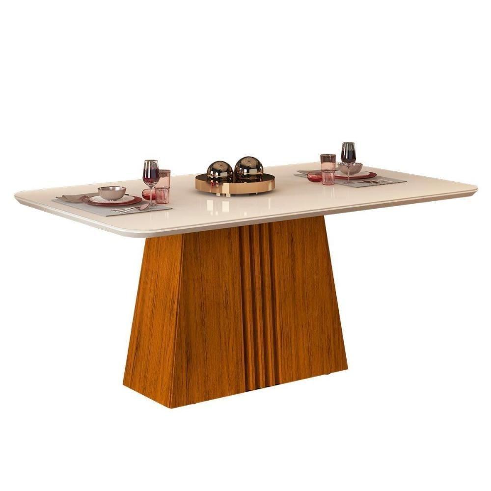 Mesa para Cozinha Italia + Tampo Madeirado Vidro 170x90cm Freijó/Off White - DJ Móveis - 1