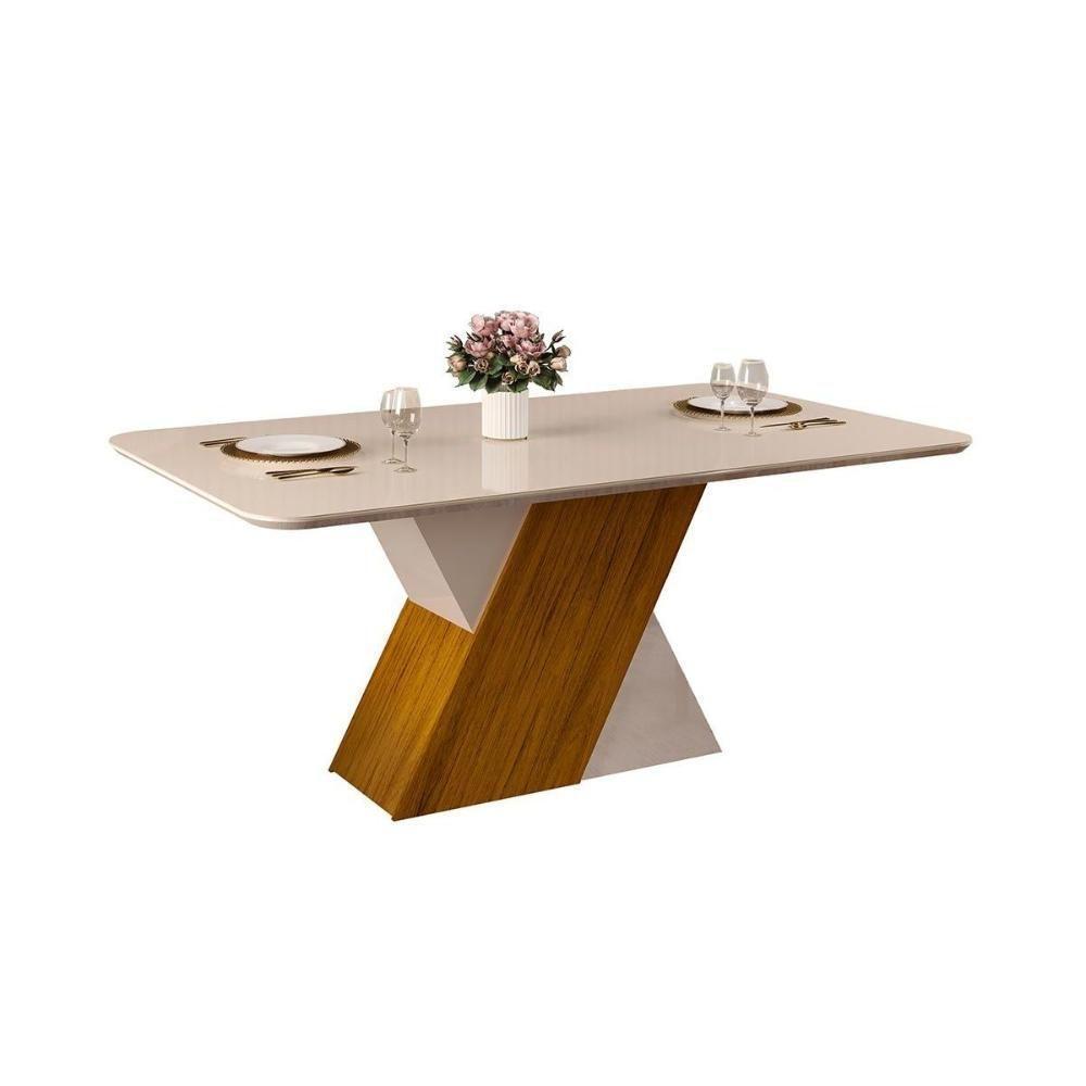 Mesa para Cozinha Rubi + Tampo Madeirado Vidro 170x90cm Freijó/Off White/Off White - DJ Móveis - 1