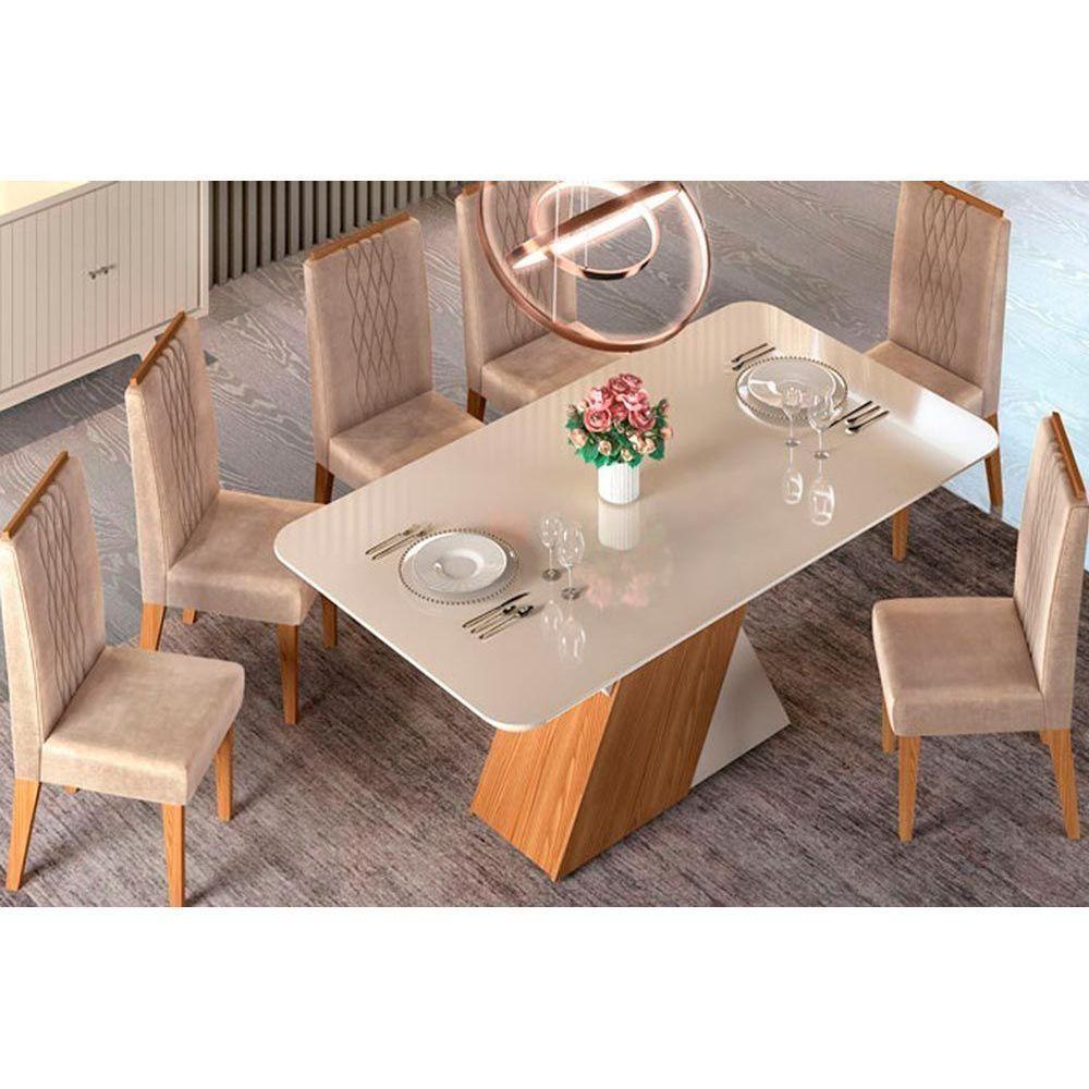 Mesa para Cozinha Rubi + Tampo Madeirado Vidro 170x90cm Freijó/Off White/Off White - DJ Móveis - 3