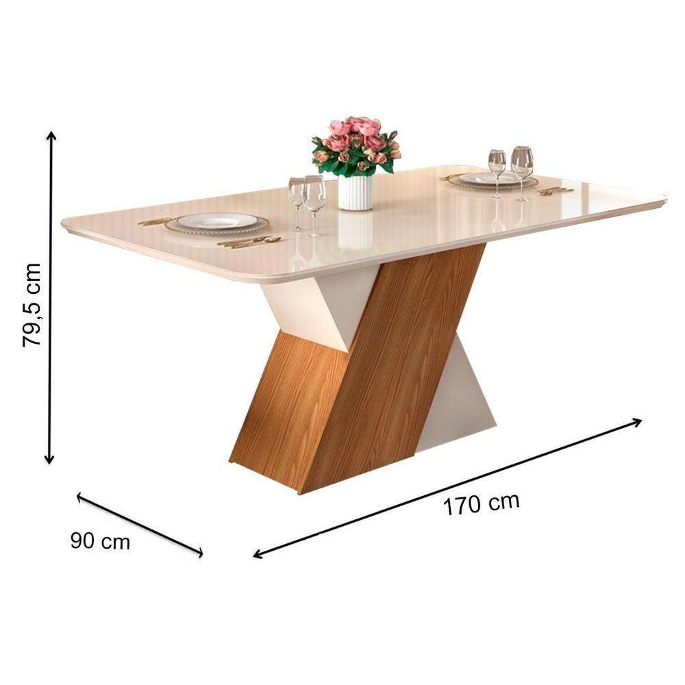 Mesa para Cozinha Rubi + Tampo Madeirado Vidro 170x90cm Freijó/Off White/Off White - DJ Móveis - 6