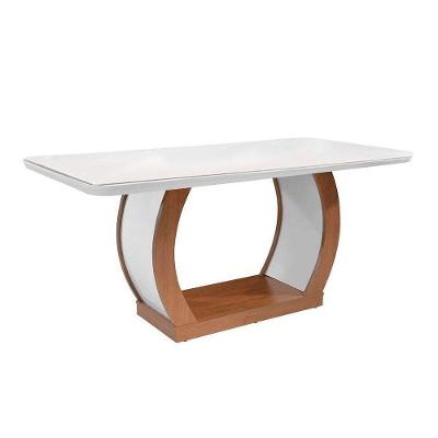 Mesa para Cozinha Jade + Tampo Madeirado Vidro Curvo 180x90cm Imbuia/Off White - Rufato