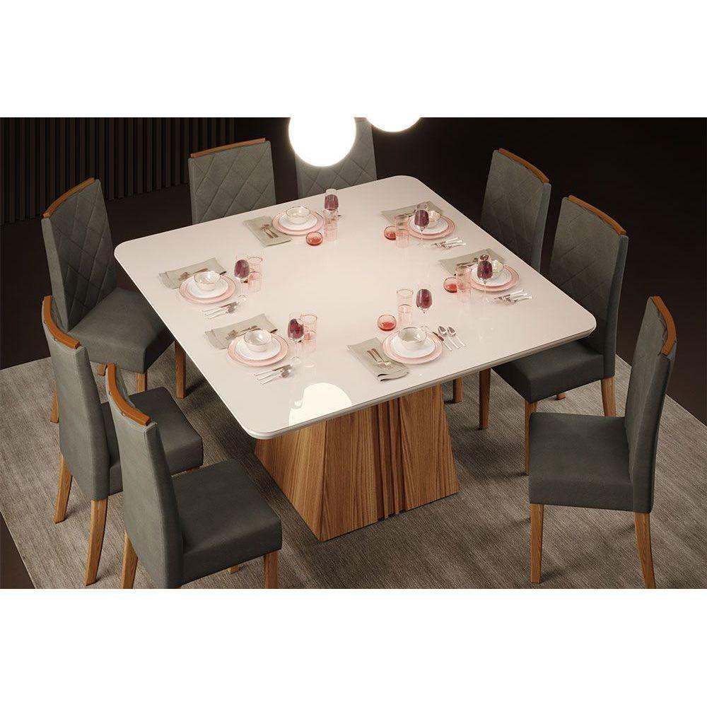 Mesa para Cozinha Itália + Tampo Madeirado Vidro Curvo 136x136cm Freijó/Off White - DJ Móveis - 2