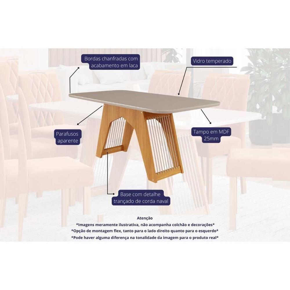 Mesa para Cozinha Carol + Tampo Madeirado Vidro 180x90cm Nature/Off White - Cimol - 6