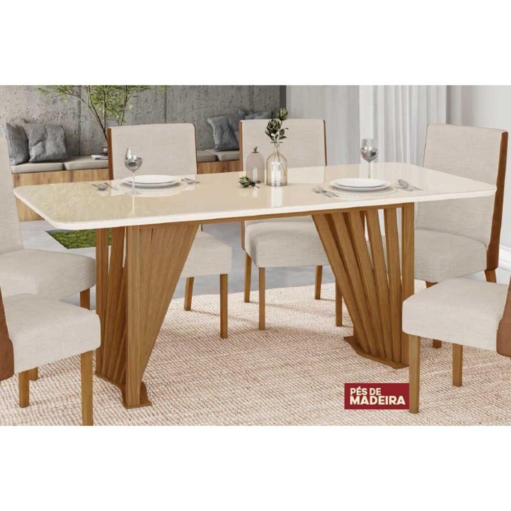 Mesa para Cozinha Adriana SC46 + Tampo Madeirado Vidro Curvo 200x80cm Nature/Off White - Henn - 3