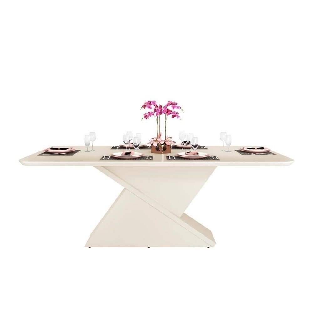 Mesa para Cozinha Zafira + Tampo Madeirado Vidro Curvo 200x100cm Off White - DJ Móveis - 1