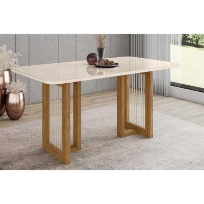 Mesa de Sala Jantar Yara SC79 + Tampo Madeirado Vidro Curvo 160x90cm Nature/Off White - Henn