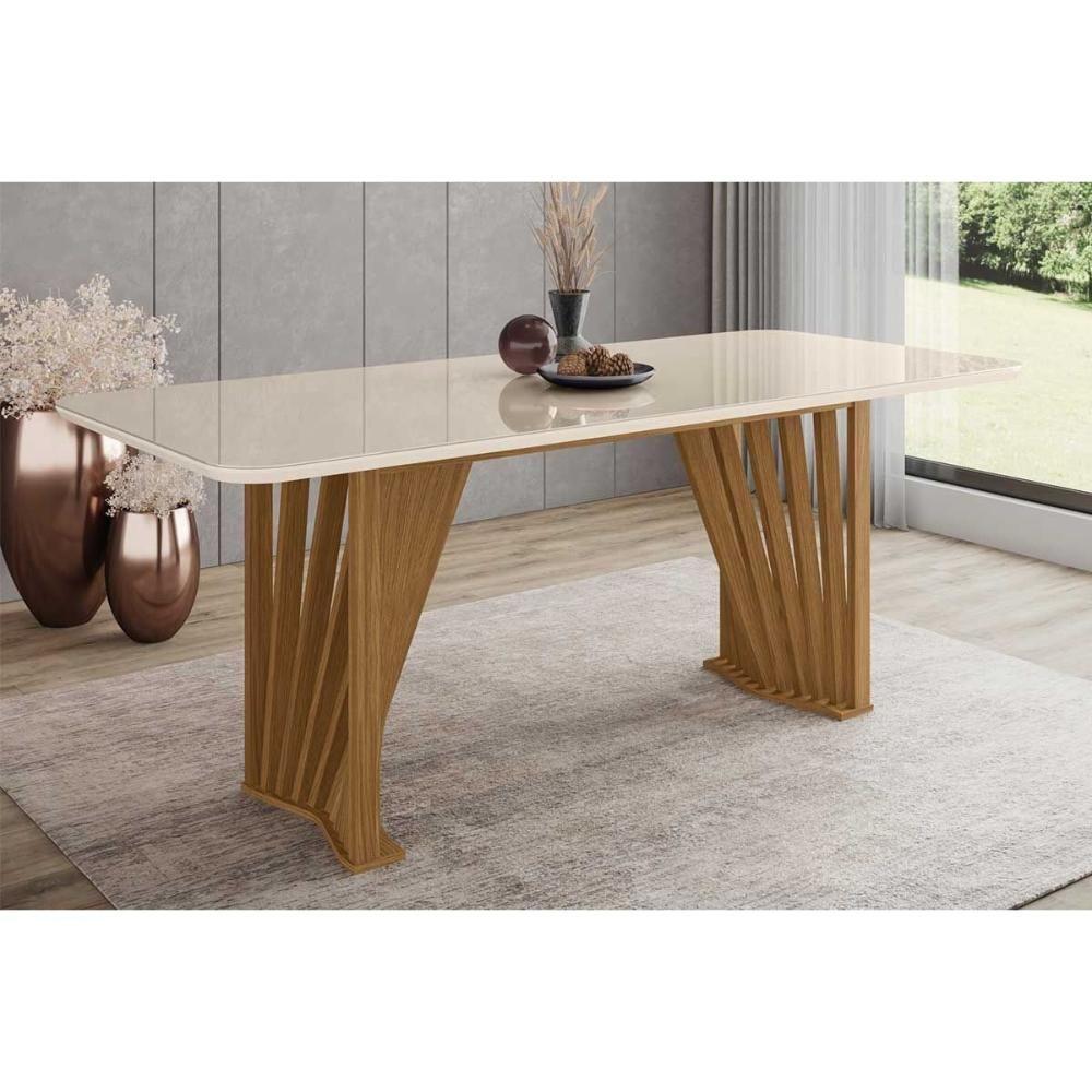 Mesa de Sala Jantar Adriana SC46 + Tampo Madeirado Vidro Curvo 200x80cm Nature/Off White - Henn - 1