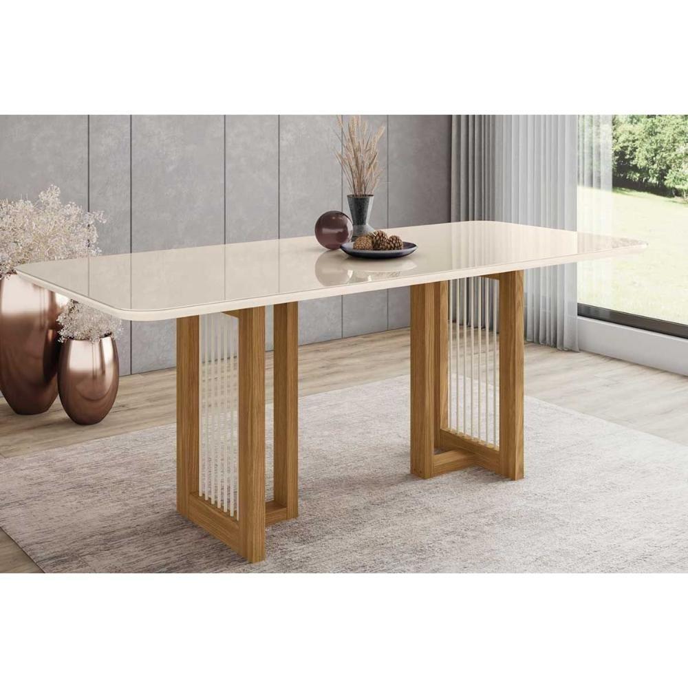 Mesa de Sala Jantar Yara SC77 + Tampo Madeirado Vidro Curvo 200x90cm Nature/Off White - Henn - 1