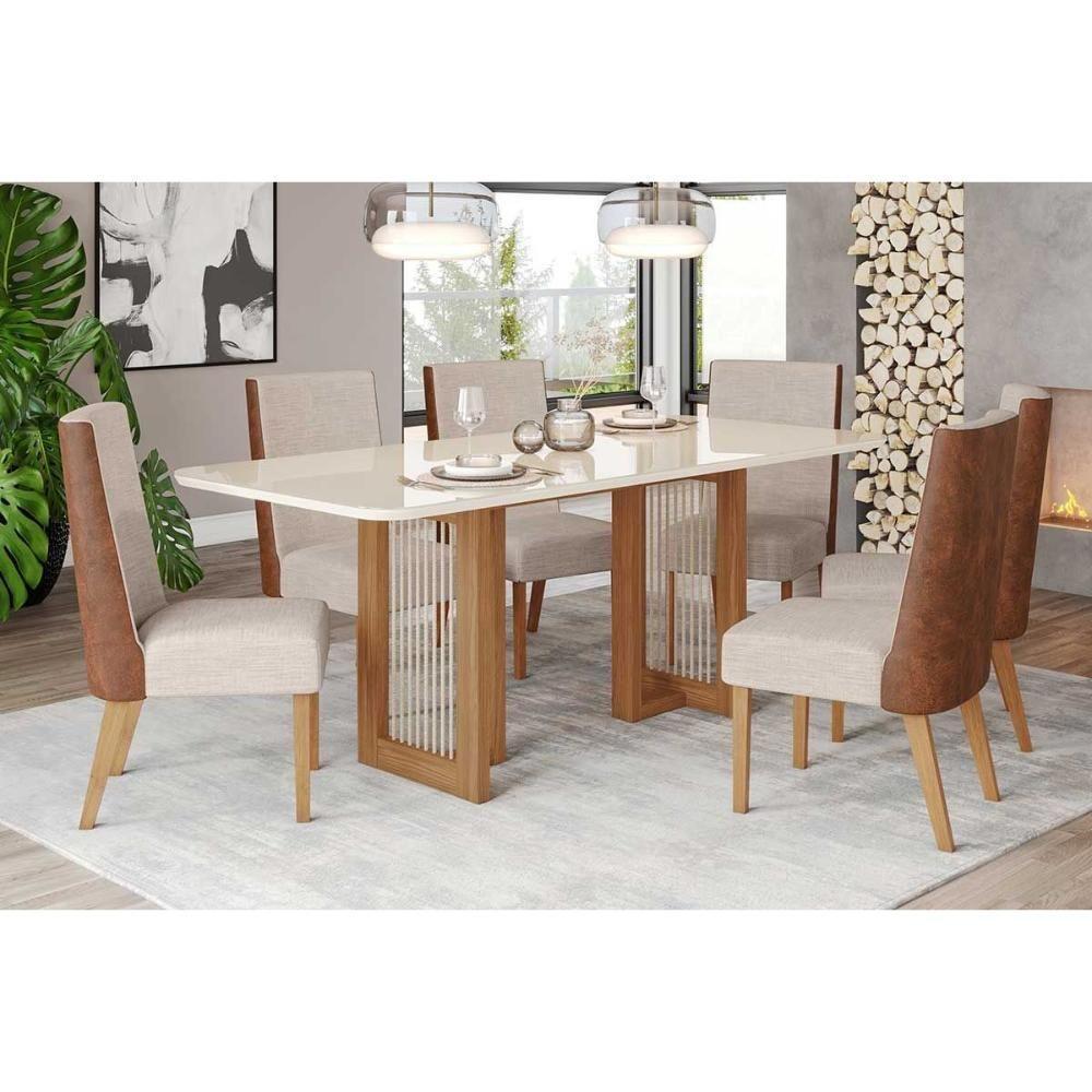 Mesa de Sala Jantar Yara SC77 + Tampo Madeirado Vidro Curvo 200x90cm Nature/Off White - Henn - 2