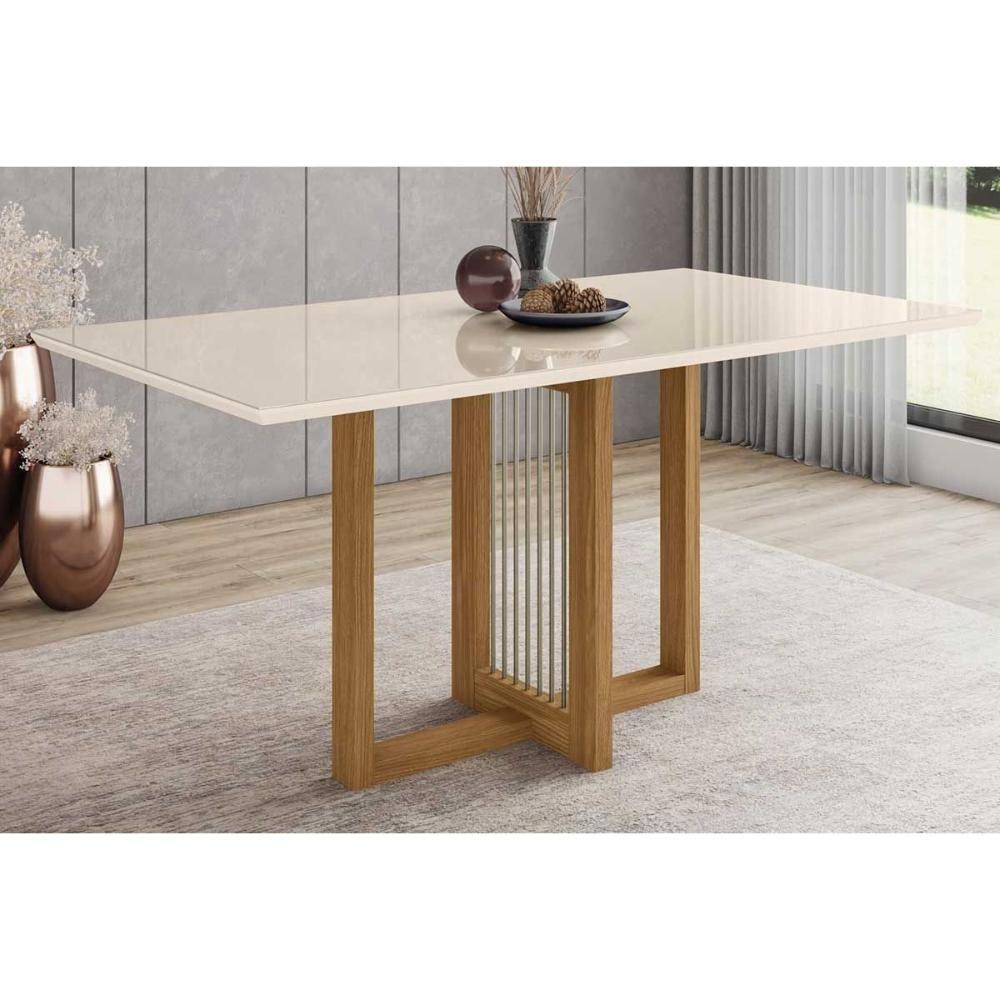 Mesa de Sala Jantar Natalí SC70 + Tampo Madeirado Vidro Reto 160x90cm Nature/Off White - Henn - 1