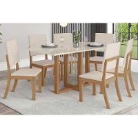 Mesa de Sala Jantar Natalí SC70 + Tampo Madeirado Vidro Reto 160x90cm Nature/Off White - Henn - 2