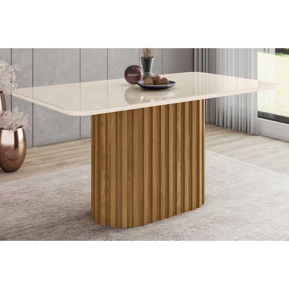 Mesa de Sala Jantar Solana SC68 + Tampo Madeirado Vidro Curvo 160x90cm Nature/Off White - Henn - 1