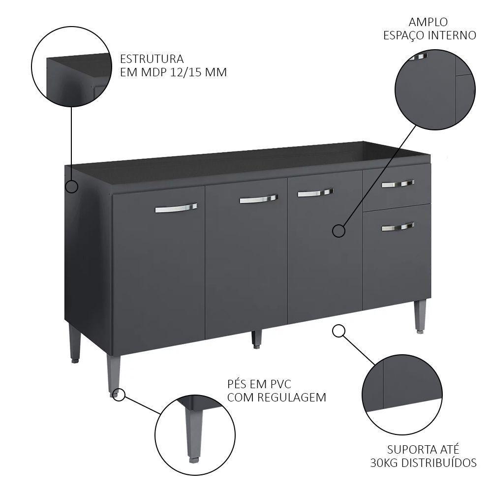 Balcão Gabinete Para Pia Sem Tampo 150cm 4 Portas E 1 Gaveta Gabriela Cinza - Ajl Móveis - 2