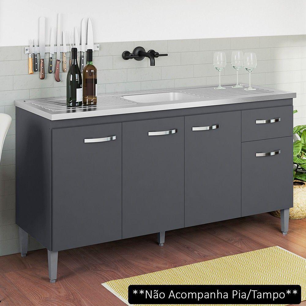 Balcão Gabinete Para Pia Sem Tampo 150cm 4 Portas E 1 Gaveta Gabriela Cinza - Ajl Móveis - 4