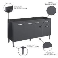 Balcão Gabinete Para Pia Sem Tampo 150cm 4 Portas E 1 Gaveta Gabriela Cinza - Ajl Móveis - 2