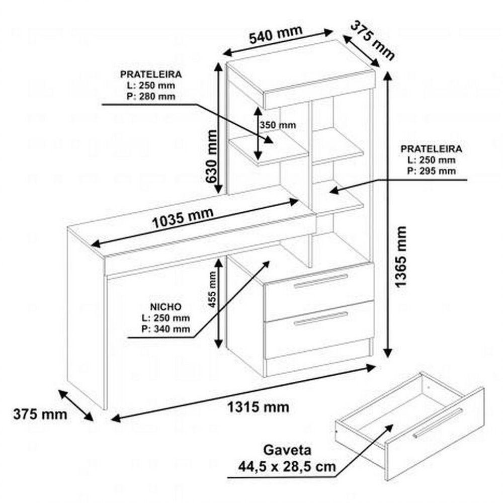 Mesa Office Nt 2010 Com 2 Gavetas E 3 Prateleiras Notável Branco Com Rosa - 2