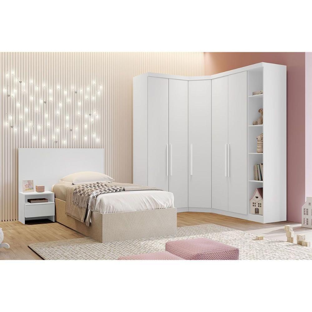 Quarto Modulado Solteiro Rizon 5 Peças (1 Closet + 2 Guarda Roupas + 1 Complemento + 1 Cabeceira) QC210 Branco - 1