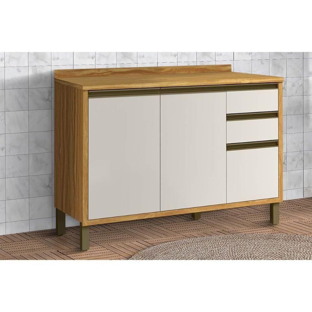 Gabinete de Cozinha Modulado Balcão Tempranillo 2 Portas e 3 Gavetas c/Tampo 120cm Amendoa/Off White - Ronipa - 1