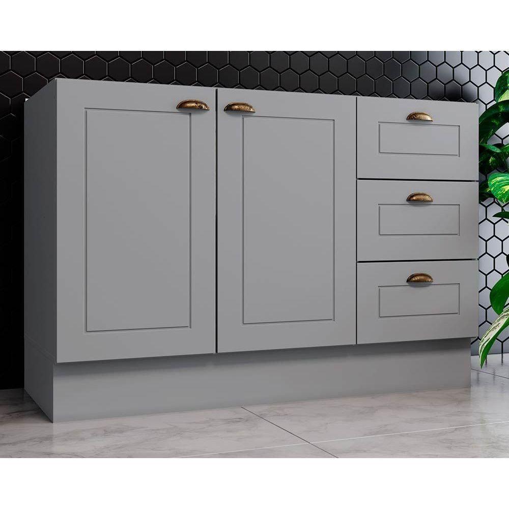 Gabinete de Cozinha Modulado Balcão Americana 2 Portas e 3 Gavetas p/ Pia 120cm S/tampo Cinza - Henn - 1
