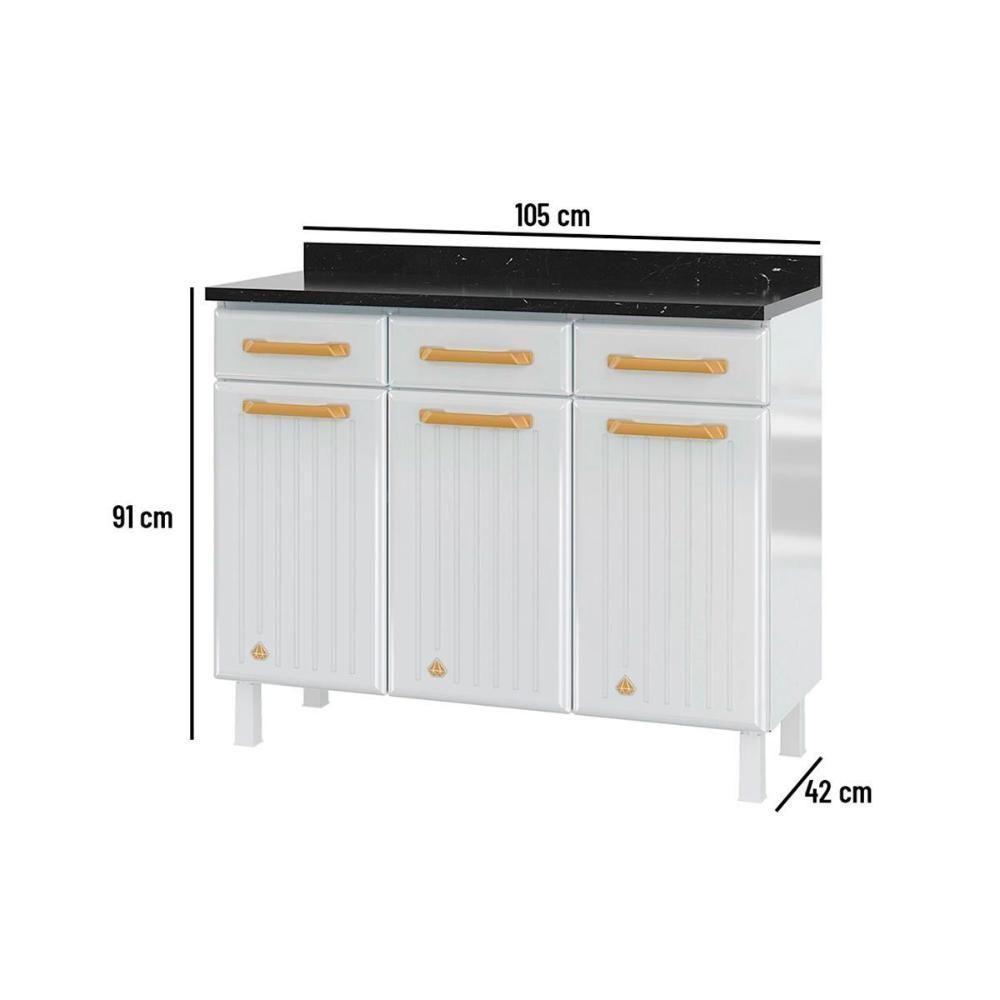 Gabinete de Cozinha Modulado Balcão Diamante 3 Portas e 3 Gavetas c/ Tampo 105cm Branco/Preto - Telasul - 6