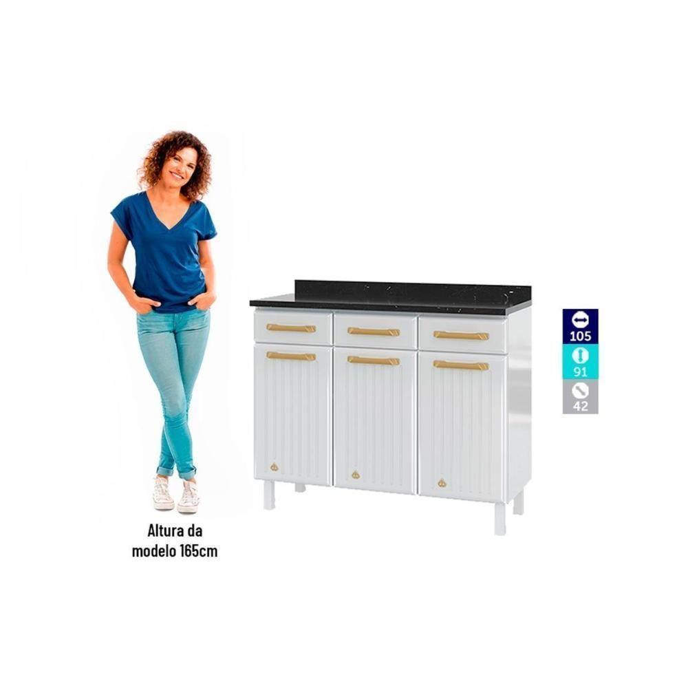 Gabinete de Cozinha Modulado Balcão Diamante 3 Portas e 3 Gavetas c/ Tampo 105cm Branco/Preto - Telasul - 7