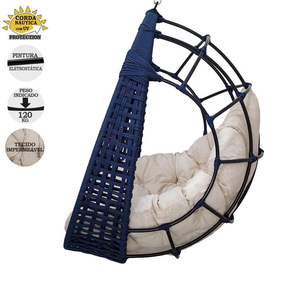 Balanço Ninho Suspenso Corda Náutica Azul Almofada Impermeável Branco + Mola E Mosquetão - 5
