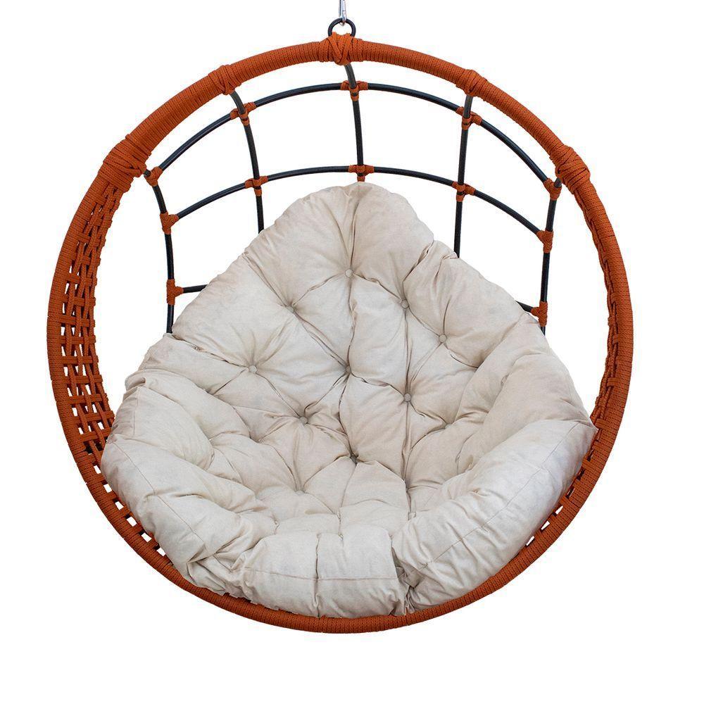 Balanço Ninho Suspenso Corda Náutica Ocre Almofada Impermeável Branco Com Mola E Mosquetão - 2
