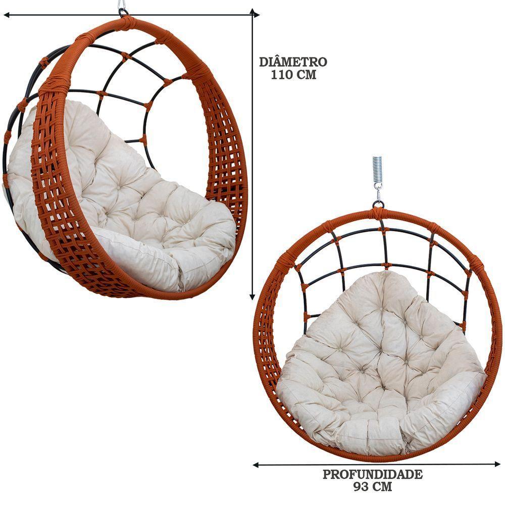 Balanço Ninho Suspenso Corda Náutica Ocre Almofada Impermeável Branco Com Mola E Mosquetão - 4