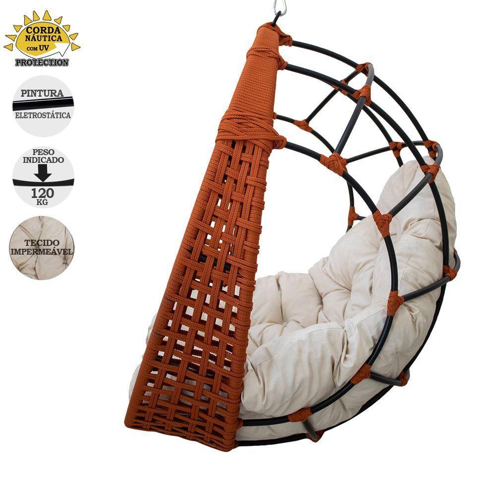 Balanço Ninho Suspenso Corda Náutica Ocre Almofada Impermeável Branco Com Mola E Mosquetão - 5