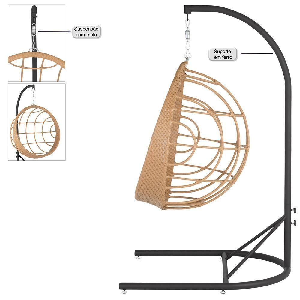 Balanço Suspenso Ninho Em Aluminie Fibra Ráfia E Suporte U Preto, Tecido Impermeável - Z35 - 6