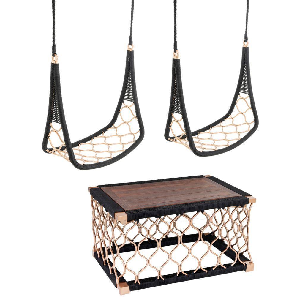 2 Balanços Suspenso E Mesa Tampo De Madeira Em Alumínio - 1