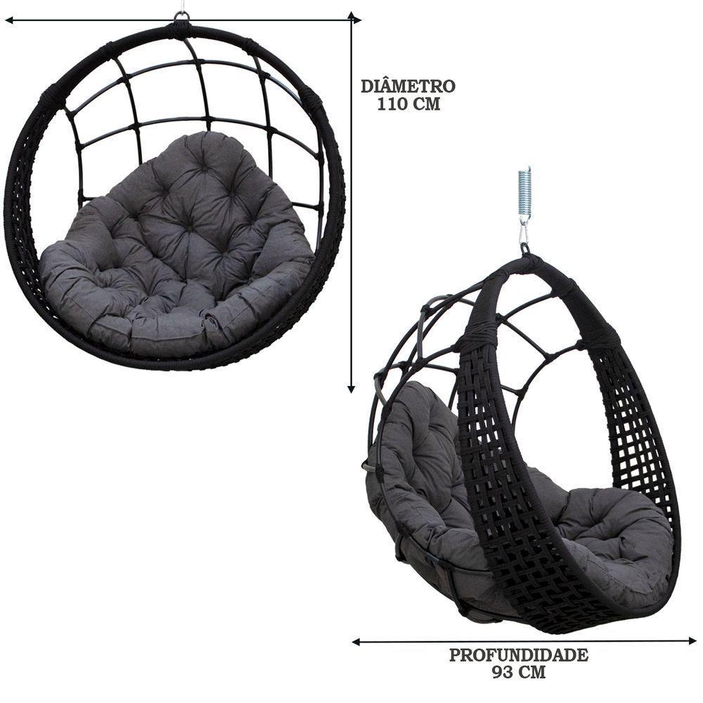 Balanço Ninho Suspenso + Mola E Mosquetão Corda Náutica Preta Almofada Impermeável Cinza - 4