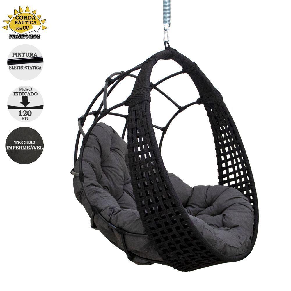 Balanço Ninho Suspenso + Mola E Mosquetão Corda Náutica Preta Almofada Impermeável Cinza - 5