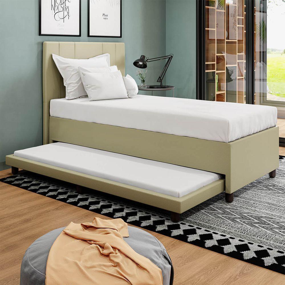 Base Cama Box Solteirão Com Cama Auxiliar Corino Skybox Cor Bege - 1