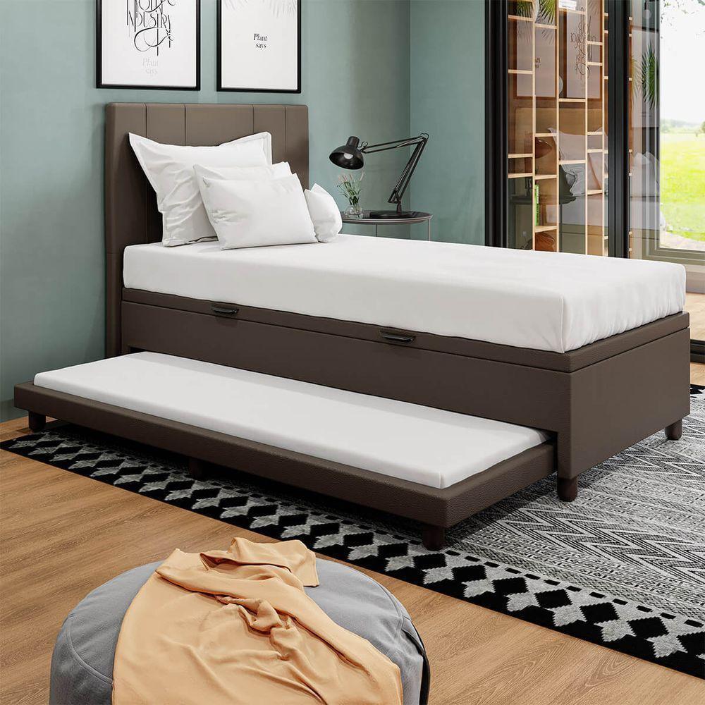 Base Cama Box Baú Solteirão Com Cama Auxiliar Corino Skybox Cor Marrom - 1