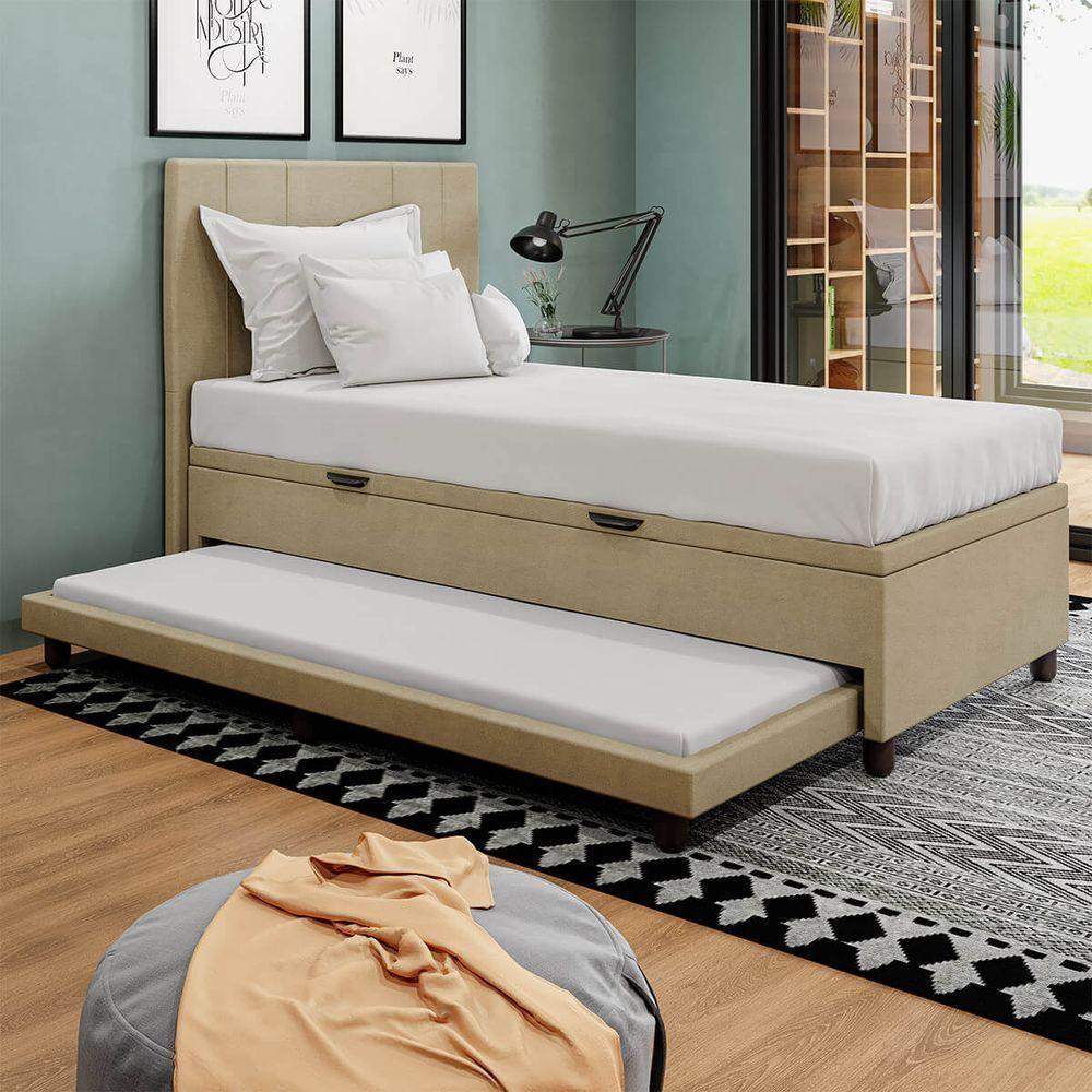 Base Cama Box Baú Solteirão Com Cama Auxiliar Corino Skybox Cor Bege - 1