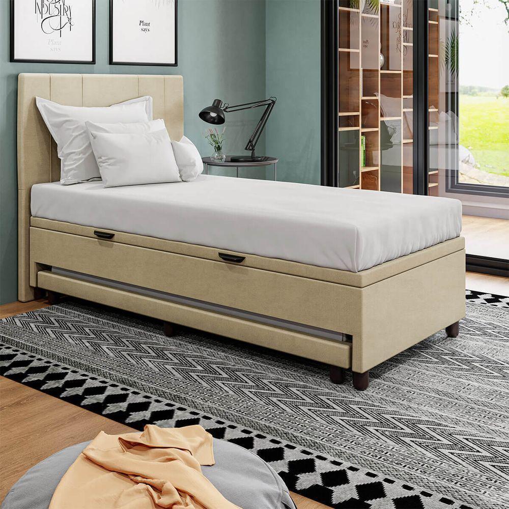 Base Cama Box Baú Solteirão Com Cama Auxiliar Corino Skybox Cor Bege - 2