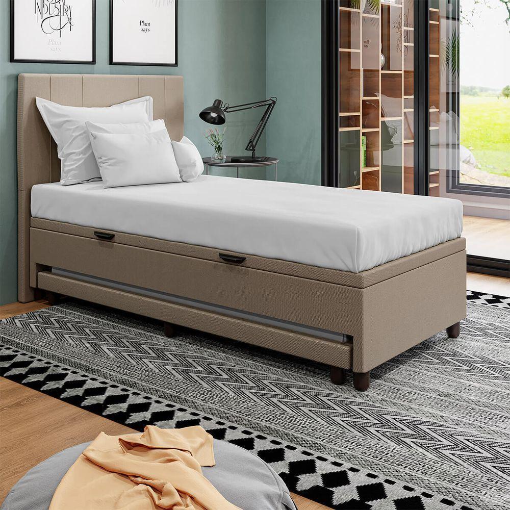 Base Cama Box Baú Solteirão Com Cama Auxiliar Veludo Skybox Cor Bege - 4