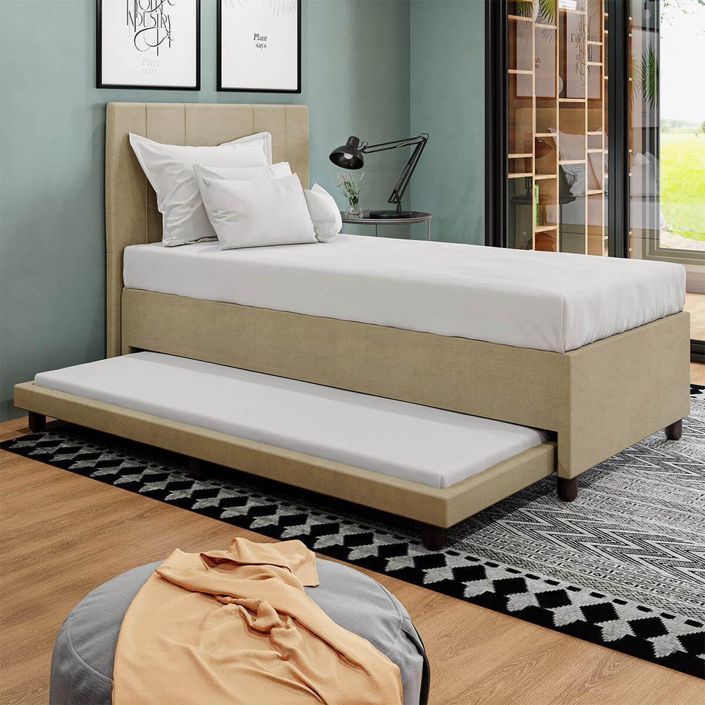 Base Cama Box Solteirão Com Cama Auxiliar Veludo Skybox Cor Bege - 1
