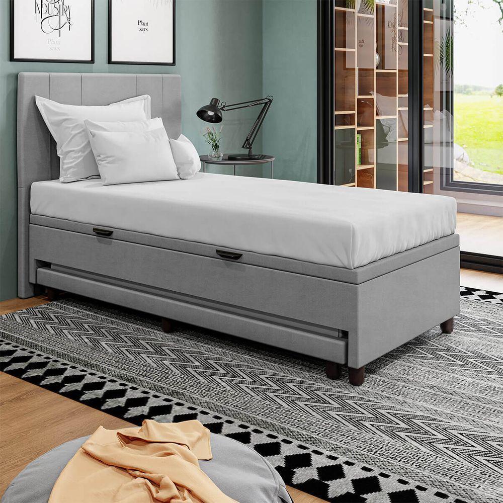 Base Cama Box Baú Solteiro Com Cama Auxiliar Veludo Skybox Cinza - 3