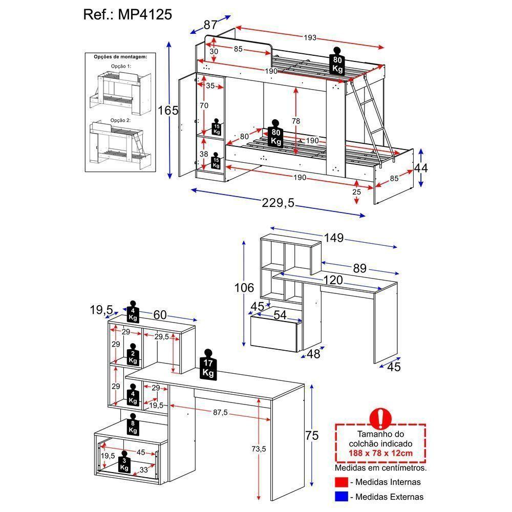 Conjunto Quarto Beliche Com Escrivaninha Multimóveis Mp4125 Branco/rustic Branco/rustic - 2