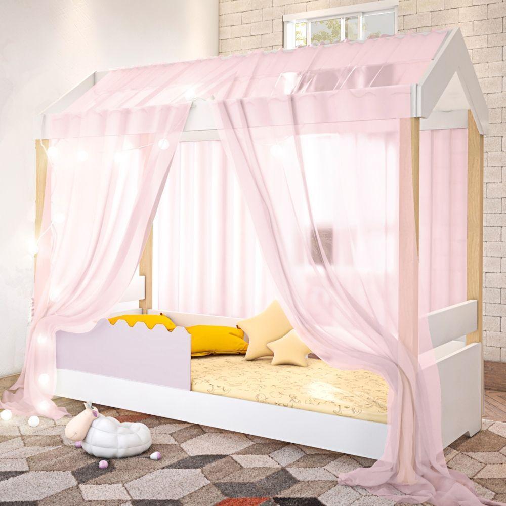 Cama De Solteiro Poppy Branco/rosê Com Voal Rosa E Led - 1