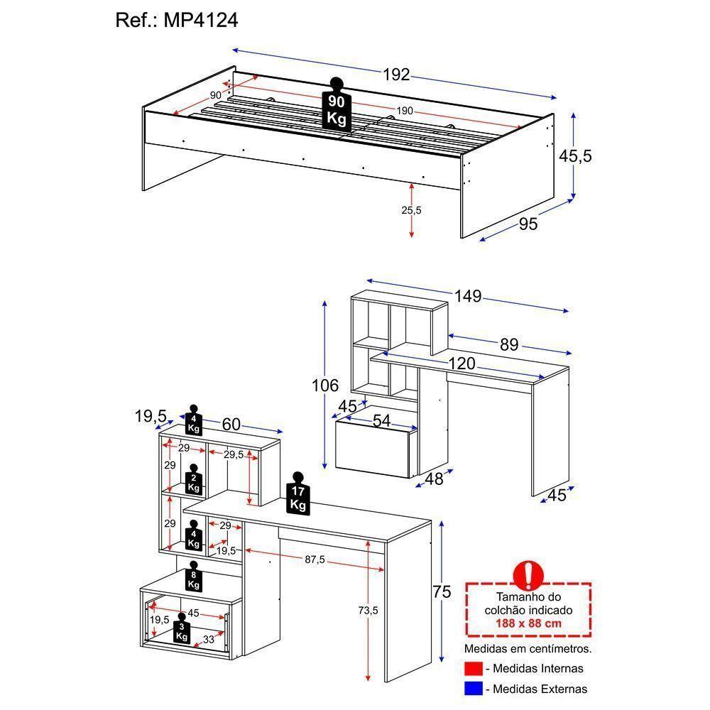 Conjunto Quarto Cama De Solteiro Com Escrivaninha Multimóveis Mp4124 Branco/rustic Branco/rustic - 5