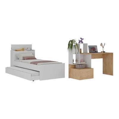 Conjunto Quarto Bicama Solteiro Mp4122 com Baú e Escrivaninha MDF Branco-rustic