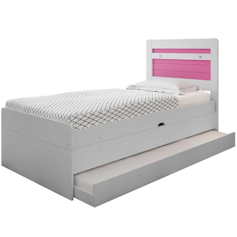 Cama Baú Solteiro Branco E Rosa Com Aux. E Colchões - 1